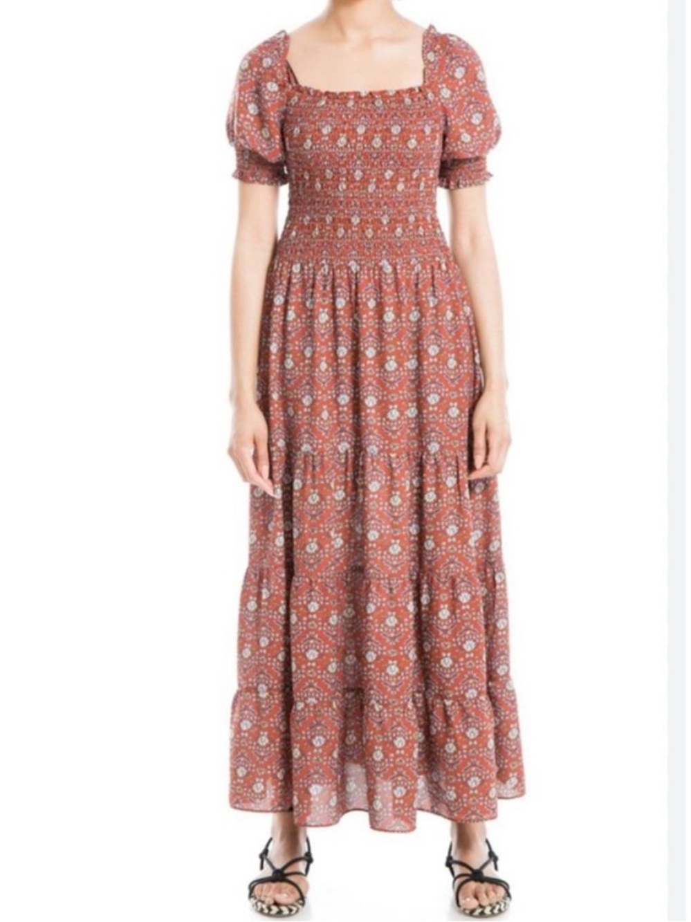 MAX STUDIOS Smocked Square-Neck Maxi Dress in Rust Floral